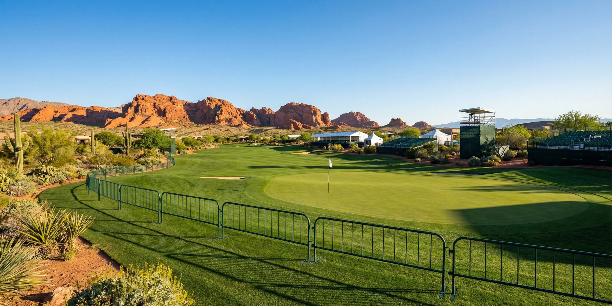 Tournament-ready championship golf course with gallery ropes, scoreboard infrastructure, and Nevada desert red rock backdrop in morning light
