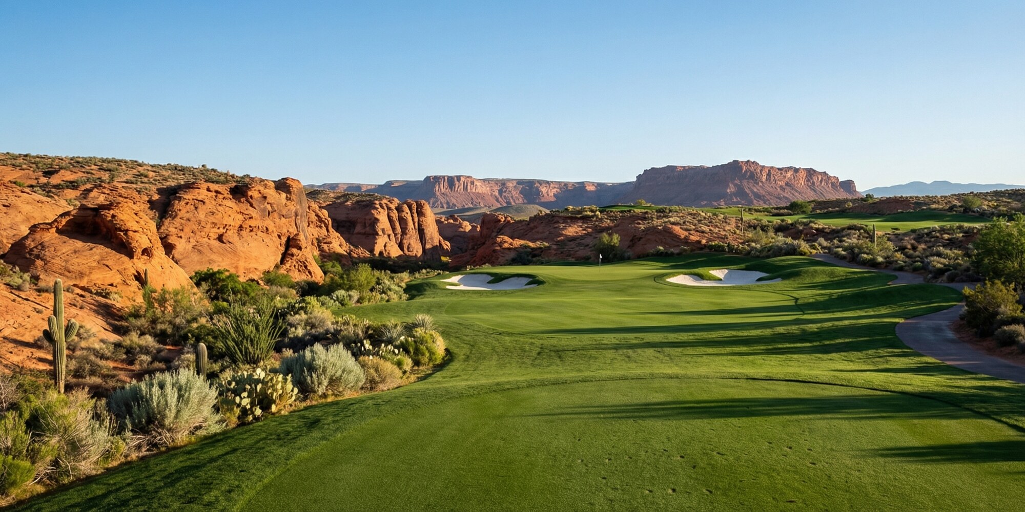 Manicured fairway at Bear's Best Las Vegas with desert Red Rock Canyon backdrop and golden morning light