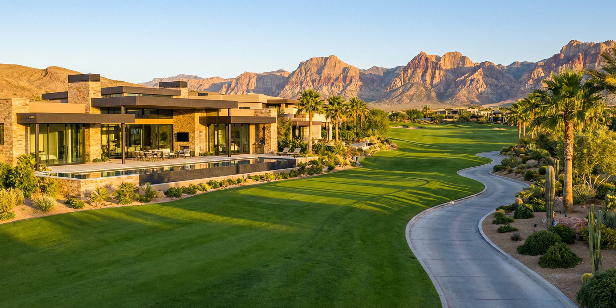 Luxury Summerlin home above a manicured fairway with red rock mountain backdrop