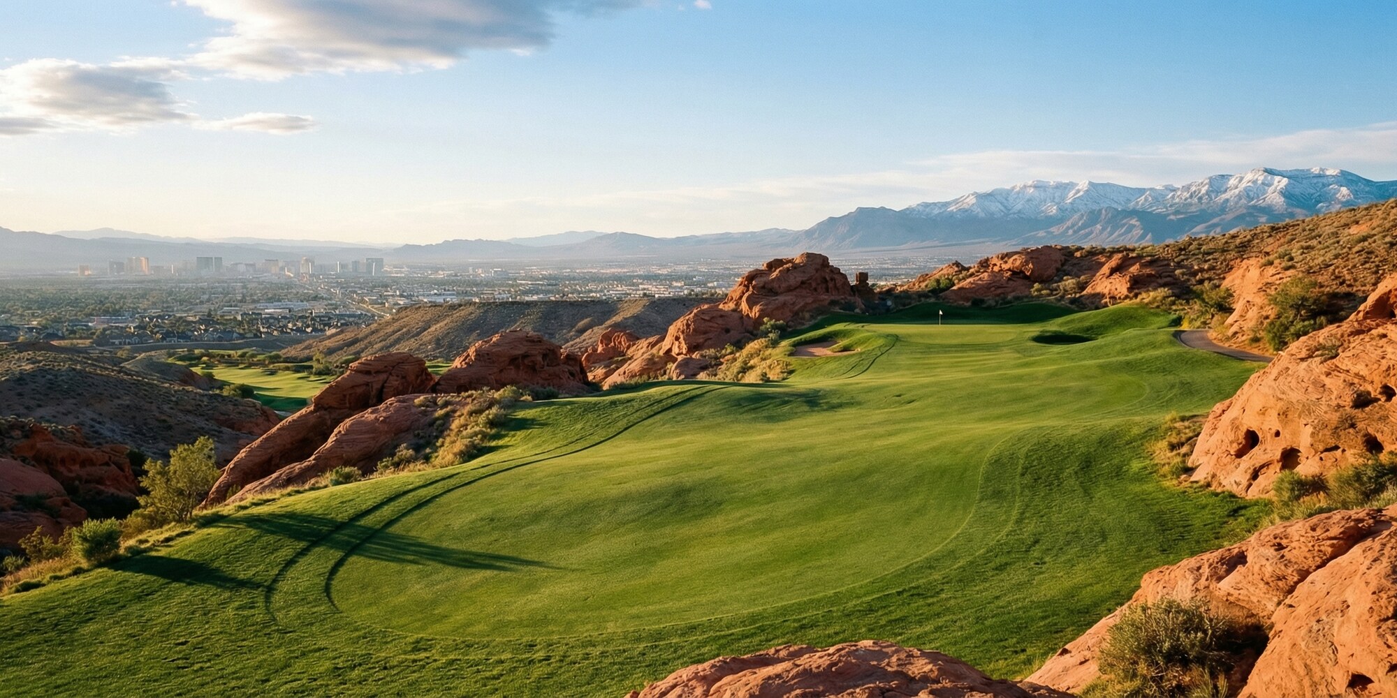 Elevated fairway at Highland Falls Golf Course at dawn with panoramic Las Vegas valley and Spring Mountains in background