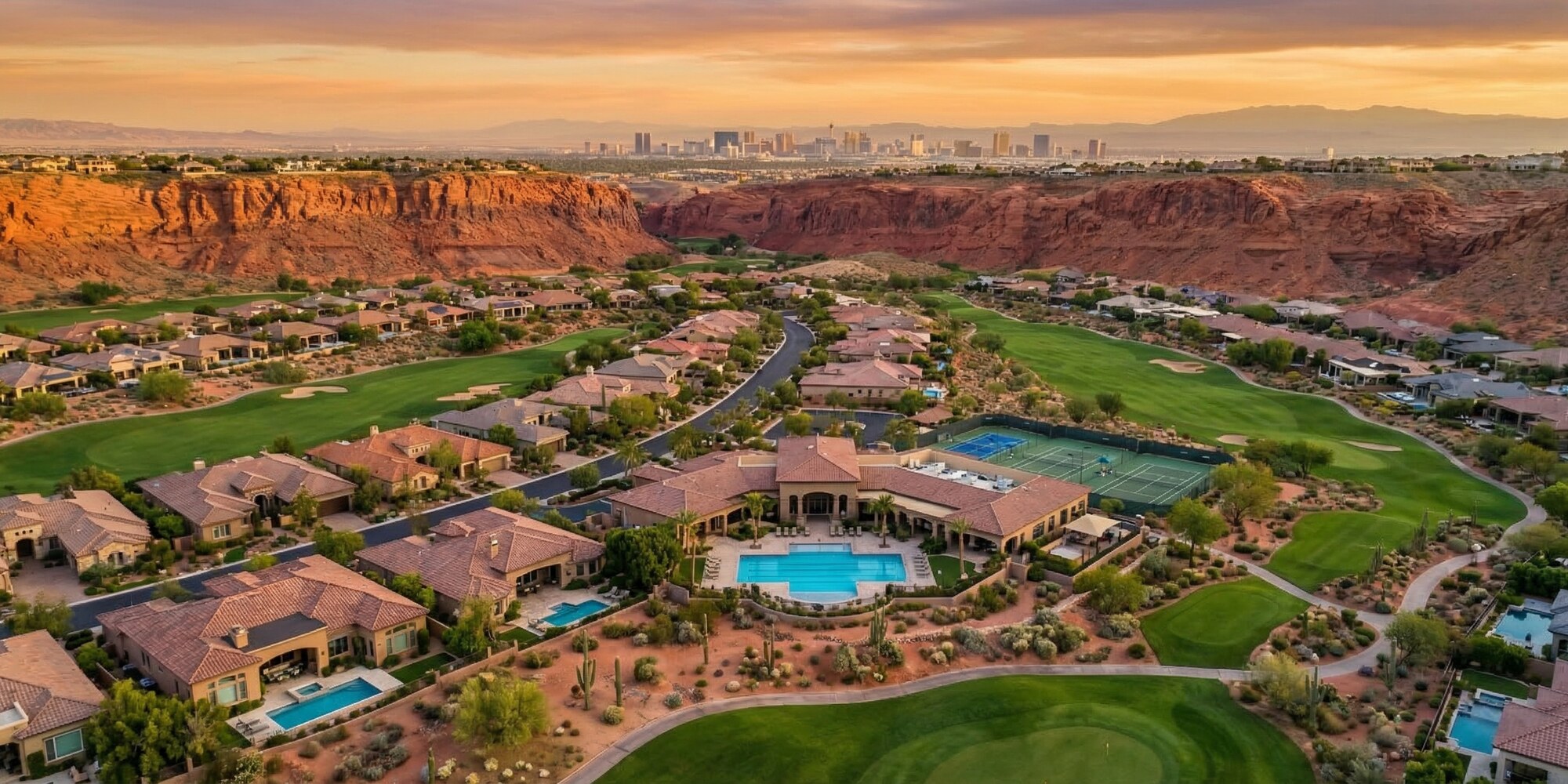 Aerial view of Red Rock Country Club Summerlin with emerald fairways, luxury homes, and red sandstone canyon walls at golden hour