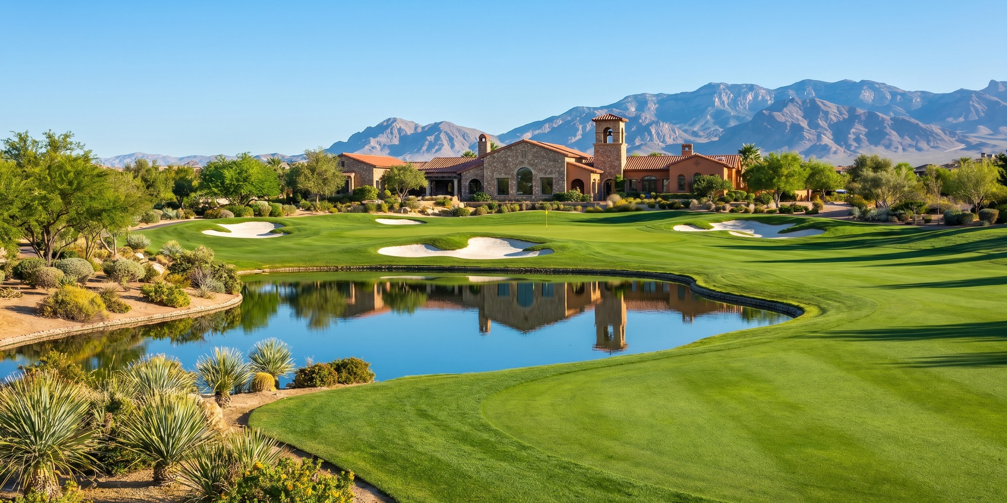 Manicured desert fairway and water feature at Siena Golf Club with Spring Mountains in the background