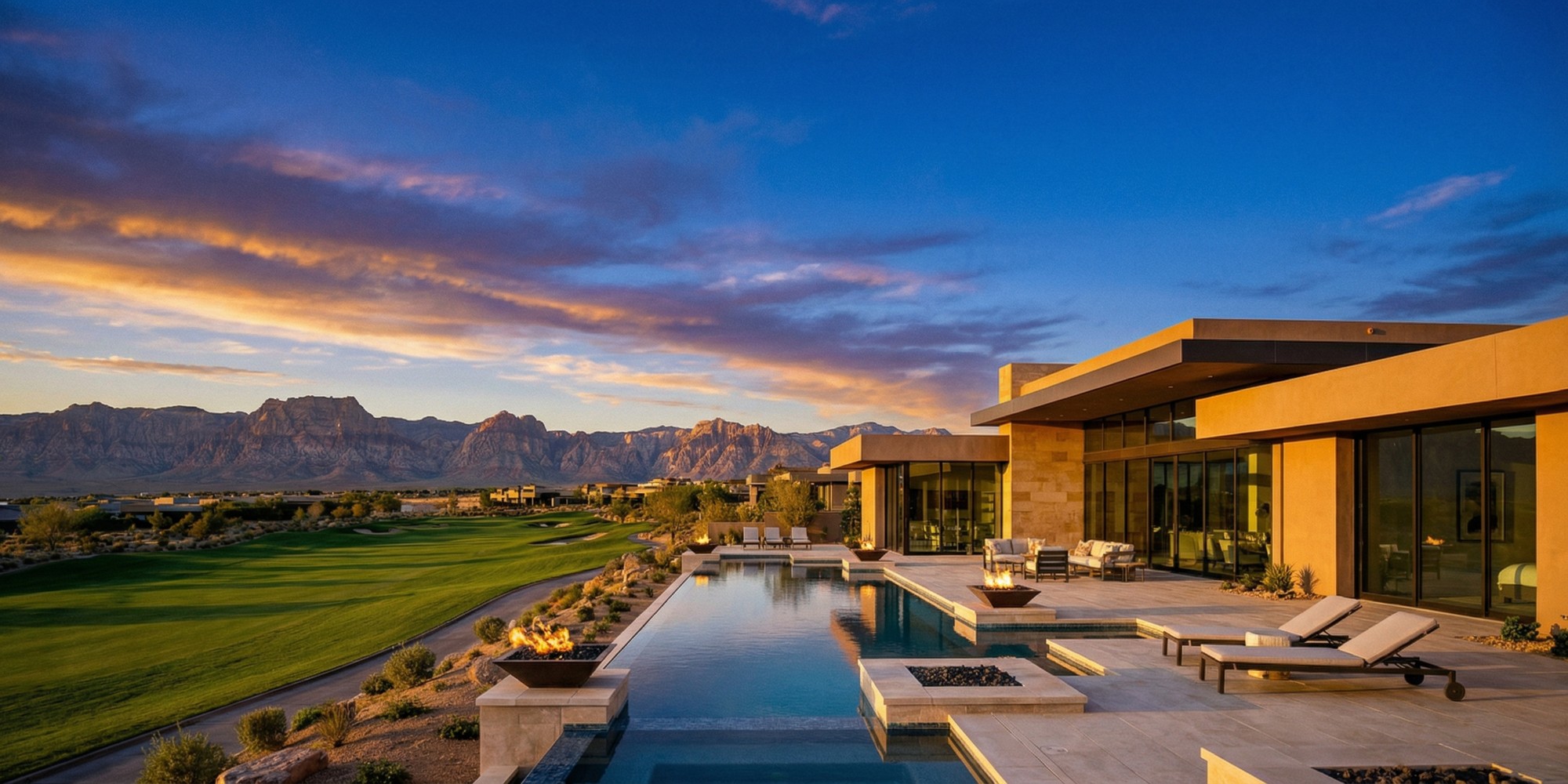 Luxury estate exterior at golden hour overlooking a manicured golf fairway with Red Rock Canyon in the distance, Nevada desert sky