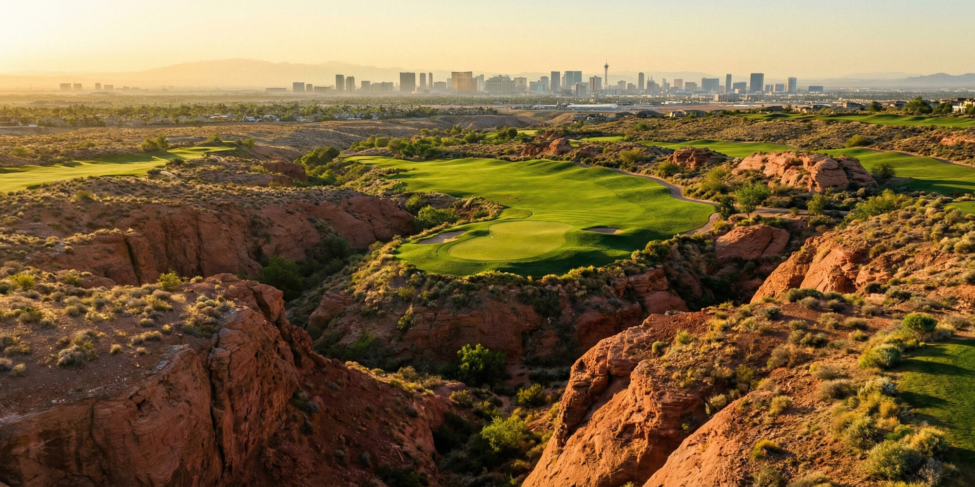 Aerial view of TPC Las Vegas fairway with canyon ravine, island-like green surrounded by desert scrub and red rock formations, Las Vegas skyline in distant haze at golden hour