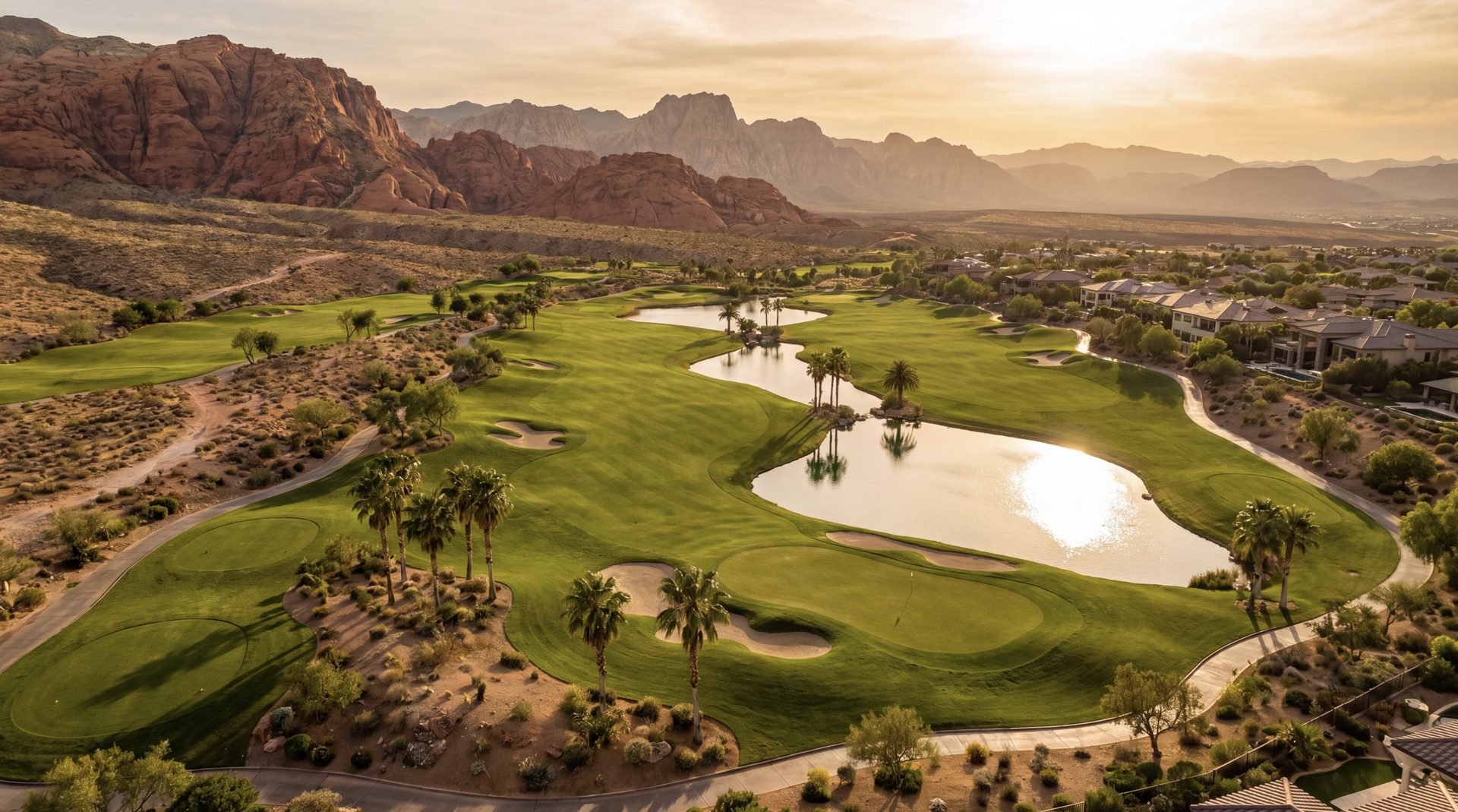 Aerial view of a desert championship course threading through arroyos toward the Las Vegas valley